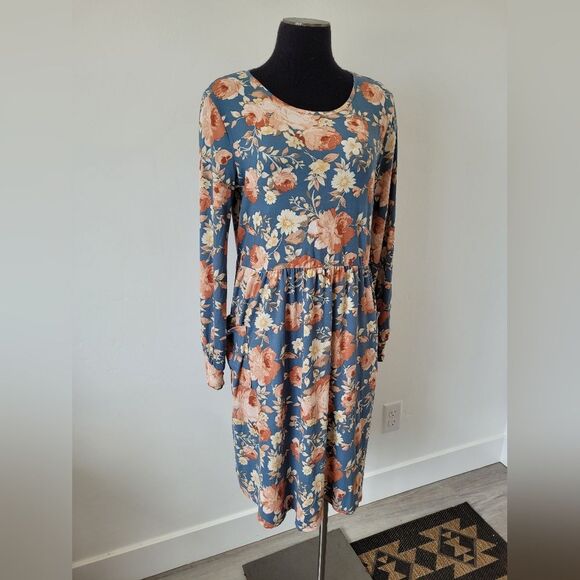 Mimi+Daphne Floral Midi Dress Blue Classic Modest Teacher Pockets Lightweight L - Picture 1 of 10